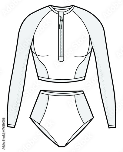 women paddle suit two piece zip front long sleeve swimwear, rash guard, wetsuit, surfing suit, beach wear flat sketch vector illustration