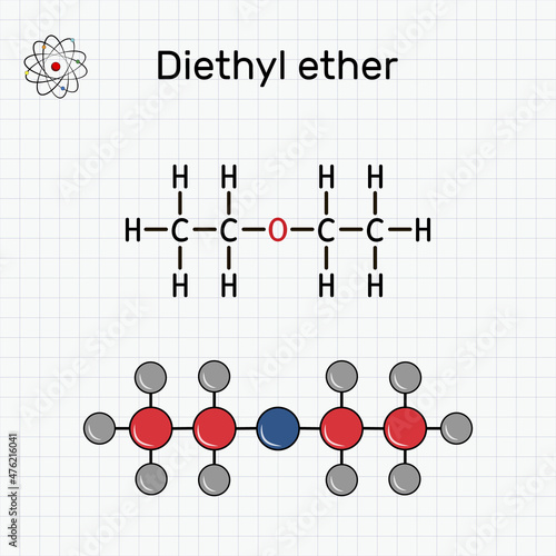 Diethyl ether, ethyl ether molecule. It is an ether in which the oxygen atom is linked to two ethyl groups. Structural chemical formula and molecule model. Sheet of paper in a cage
