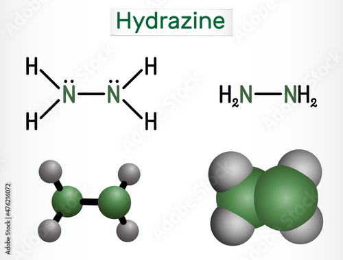 Hydrazine, diamine, diazane, N2H4 molecule. It is highly reactive base and reducing agent. Structural chemical formula and molecule model. Vector illustration photo