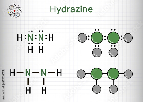 Hydrazine, diamine, diazane, N2H4 molecule. It is highly reactive base and reducing agent. Structural chemical formula and molecule model. Sheet of paper in a cage