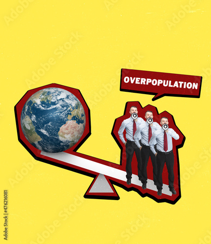 Contemporary artwork. Three men stand on same scale with planet Earth as symbol of social issue like world overpopulation photo