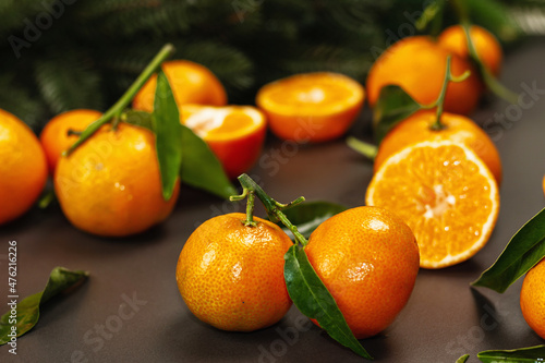 Tangerines (oranges, mandarins, clementines, citrus fruits) with leaves and fir tree branches