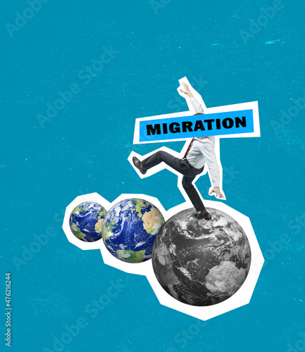 Young business man in office suit jumping from one planet to another. Contemporary art collage. International migration