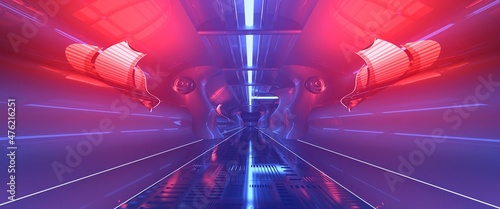 Fotografie, Obraz Futuristic neon tunnel with blue and red lights