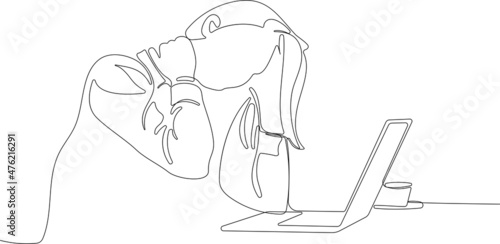One single line drawing of tired businesswom woman reading something from her laptop sitting in office or home a cafe workplace Vector illustration