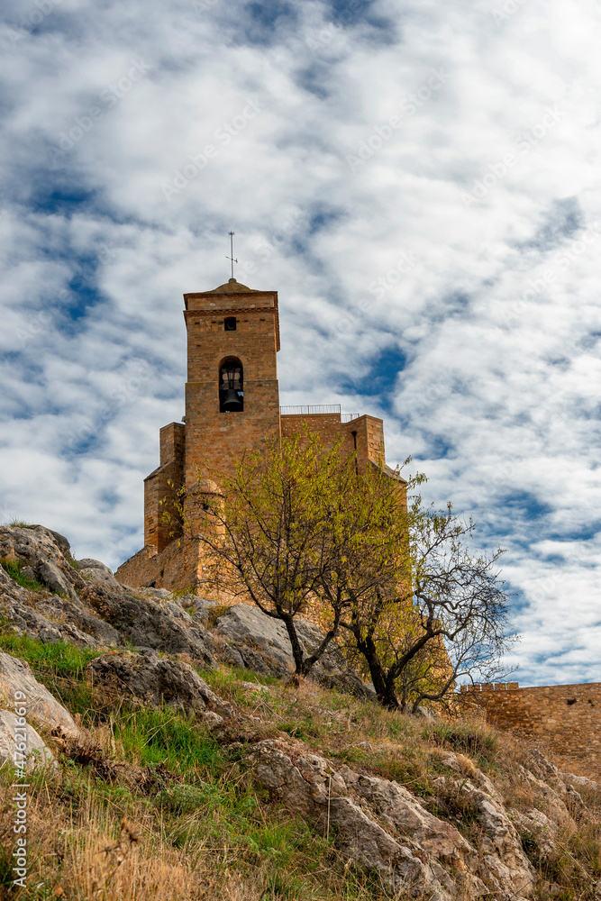View of the medieval fortress and church of Benabarre, in Huesca (Spain)