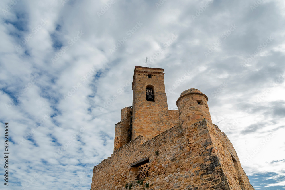 View of the medieval fortress and church of Benabarre, in Huesca (Spain)
