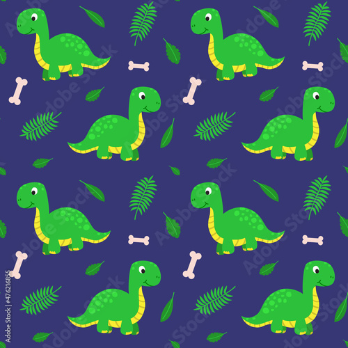 Seamless pattern with funny cartoon dinosaur. Cute print for children clothes, textile, nursery room decor. Baby background for fabric, postcard, wrapping paper, gift products, wallpaper © Daria