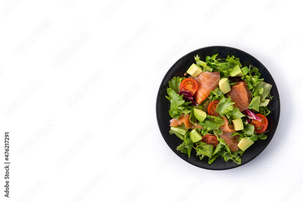 Salmon and avocado salad isolated on white background. Copy space Salmon and avocado salad isolated on white background. Copy space