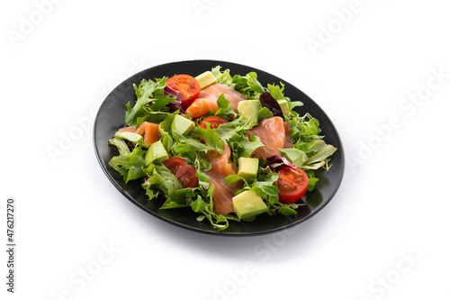 Salmon and avocado salad isolated on white background	