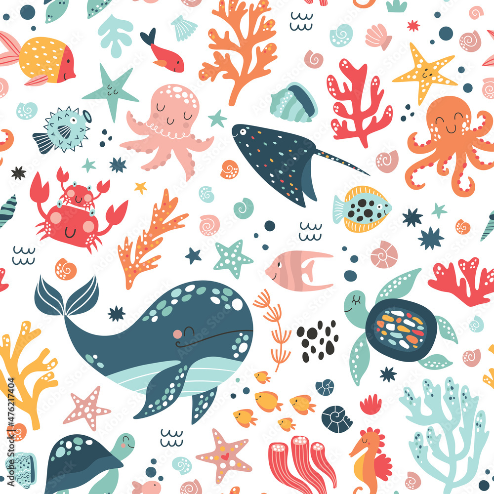 Sea life cute vector pattern. Vector illustration for kids design, wallpaper, wrapping, textile, package design.