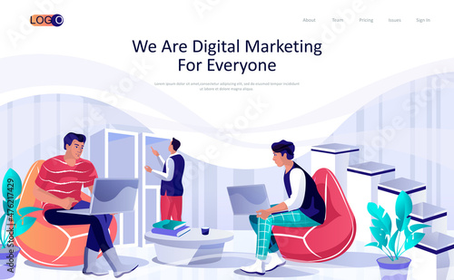 Digital marketing concept isometric landing page. People work on laptops, ad campaigns, online promotion in social networks, 3d web banner. Vector illustration in flat design for website template