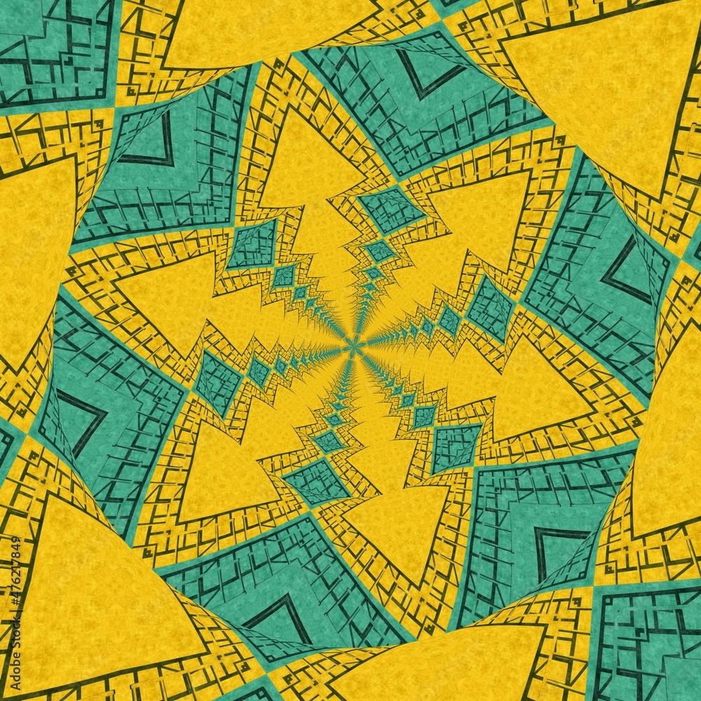 Obraz premium textured yellow and dull green background with vertical steel ladder with strong shadows hexagonal kaleidoscopic pattern 