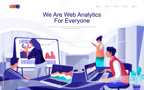 Web analytics concept isometric landing page. People analyzing financial data at charts and diagrams, business management, 3d web banner. Vector illustration in flat design for website template