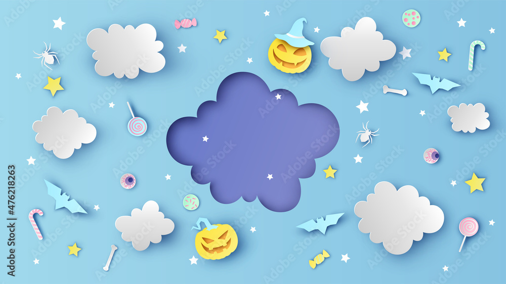 Cloud frame decorated with pumpkin, cloud, star, bat, spider, candy, eyeball, skeleton and sweetmeats. paper cut and craft style. vector, illustration. Cloud frame decorated with pumpkin, cloud, star, bat, spider, candy, eyeball, skeleton and sweetmeats. paper cut and craft style. vector, illustration.
