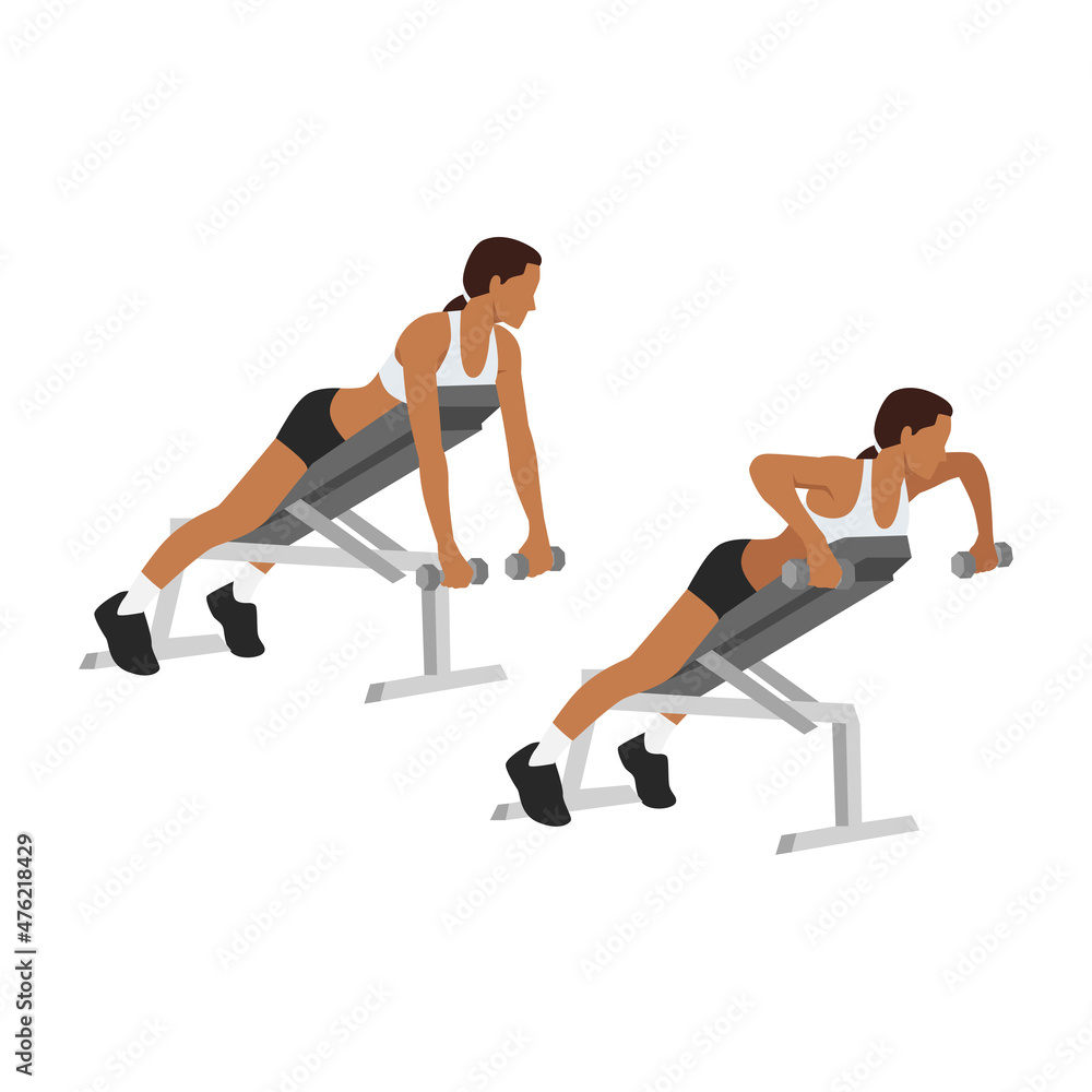 Woman doing Dumbbell incline bench rows.exercise. Flat vector illustration isolated on white background