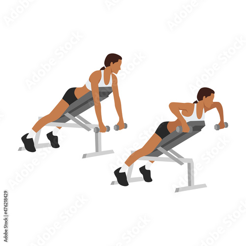Woman doing Dumbbell incline bench rows.exercise. Flat vector illustration isolated on white background