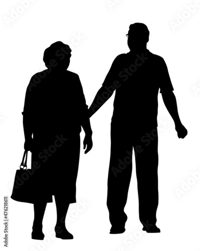 Older man and woman are standing next to each other. Isolated silhouette on a white background