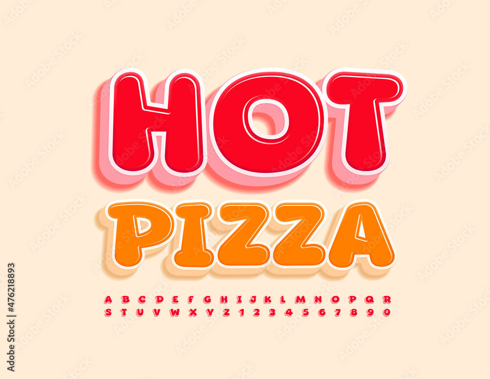 Vector bright Sign Hot Pizza. Unique Red 3D Font. Artistic Alphabet Letters and Numbers set