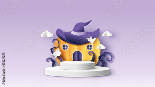 Circle stage podium with Halloween Pumpkin House. Circle mockup template of Halloween. paper cut and craft style. vector, illustration.
