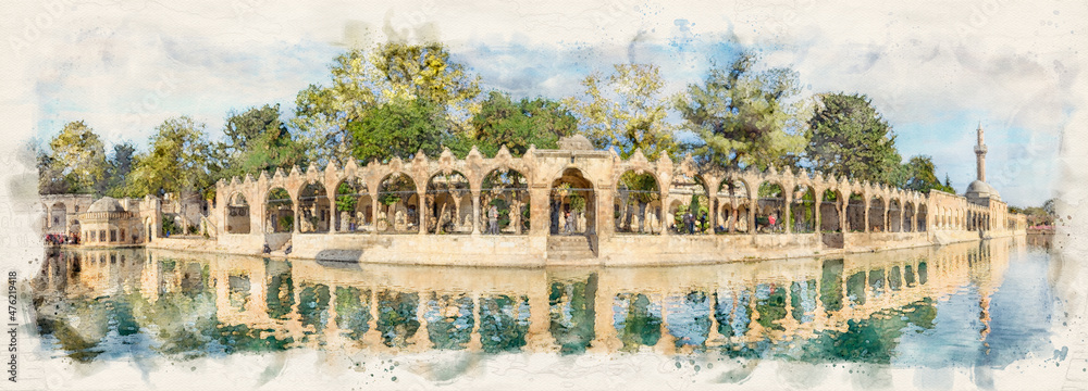 Balikligol (The Fish Lake) in Sanliurfa, Turkey. Panorama of the Pool of Abraham or Pool of Sacred Fish. Watercolor illustration 