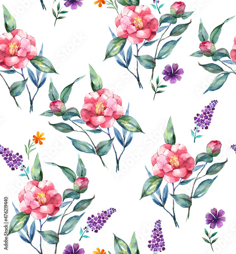 Bright trend fashion beautiful watercolor textile pattern with pink and purple flowers on a white background.