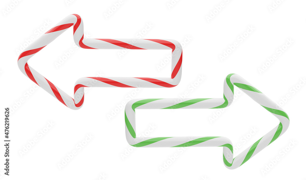 Arrow made of candy cane lollipop. Arrow direction left or right. isolated on white background. 3d render Arrow made of candy cane lollipop. Arrow direction left or right. isolated on white background. 3d render