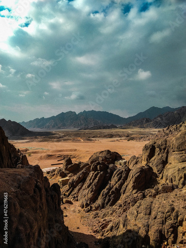 Mountains and deserts in Egypt, ancient buildings and monuments. Sharm el Sheikh. Sand, hills, sea.