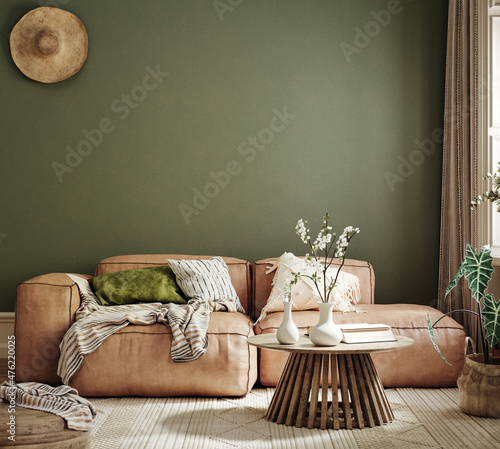 Fototapeta Home interior mockup, living room in green and beige tones, 3d render