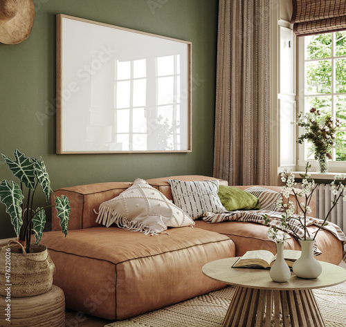 Poster frame mock-up in home interior background, living room in green and beige tones, 3d render
