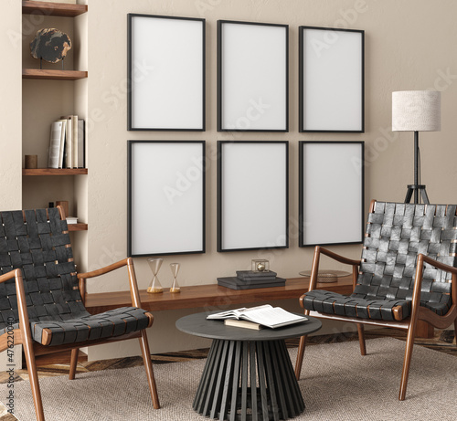 Poster frame mockup in minimalist modern interior background, 3d render