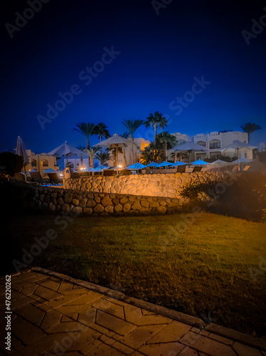 Palm trees and buildings in Sharm el Sheikh, Egypt. Bottom view. Structures and nature of Africa.