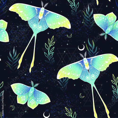 Vector seamless pattern with moon moth and stars. Contemporary composition. Trendy texture for print, textile, packaging.