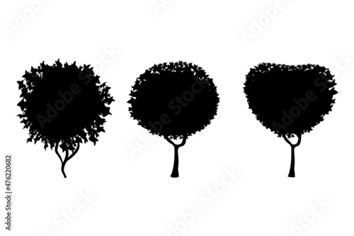 Set of monochrome silhouette of shrubs and trees. Decorative design element in black and white colors.Horizontal panorama with thicket of garden plants.