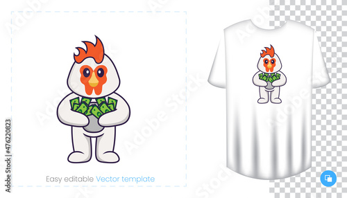 Cute chicken character. Prints on T-shirts, sweatshirts, cases for mobile phones, souvenirs. Isolated vector illustration on white background.