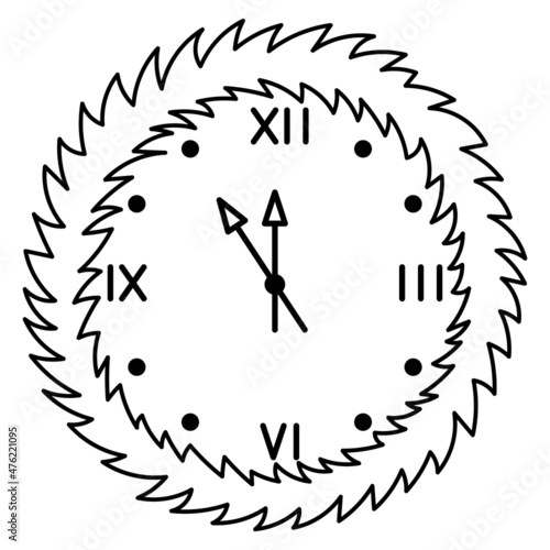 Mechanical Christmas clock. Sketch. Five minutes before the new year. Vector illustration. Framing the clock in the style of a fir Christmas wreath. Round dial with Roman numerals and hands. Time. 