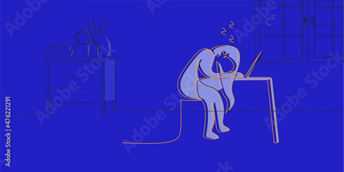 the girl who worked at home too much at the computer sleeps in front of the laptop and daily home situations