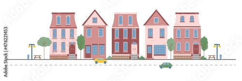 Neighbourhood. Monochrome horizontal urban landscape with town street or district. Cityscape with living houses.