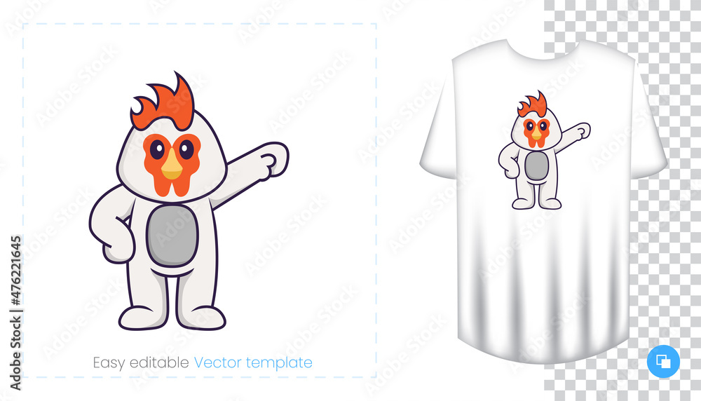 Cute chicken character. Prints on T-shirts, sweatshirts, cases for mobile phones, souvenirs. Isolated vector illustration on white background. Cute chicken character. Prints on T-shirts, sweatshirts, cases for mobile phones, souvenirs. Isolated vector illustration on white background.