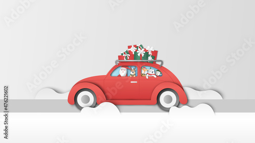 Santa Claus with friends driving to gifts delivery in Christmas. Merry Christmas. paper cut and craft style. vector, illustration.