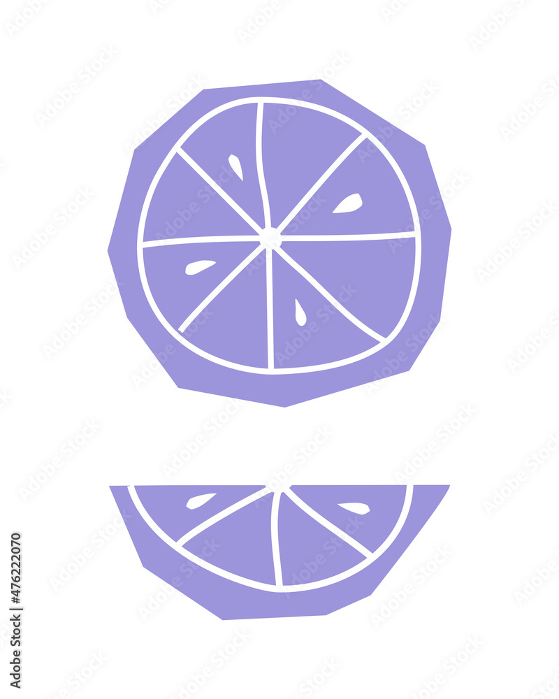 Vector flat illustration with two orange slices (full and half). Isolated citrus fruits has simple geometric shapes. Exotic food are on white background. Natural decoration for Xmas Vector flat illustration with two orange slices (full and half). Isolated citrus fruits has simple geometric shapes. Exotic food are on white background. Natural decoration for Xmas