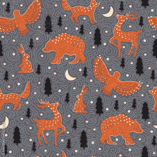 Forest animals adventure background, Christmas Night woodland seamless pattern