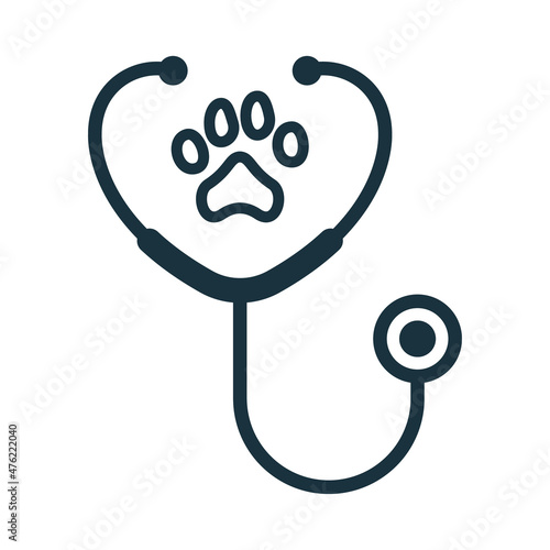 Stethoscope with Paw Print Line Icon. Veterinary Concept. Pet, Dog, Cat Health Care Service Icon. Veterinarian Medicine Equipment Outline Pictogram. Isolated Vector Illustration