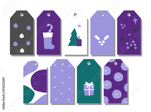 Vector set of vertical greeting tags with hand drawn elements (cones, xmas tree). Flat illustrations with simple geometric shapes. Concept for decoration of Christmas gift boxes and presents