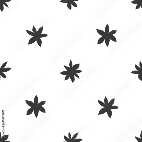 Vector seamless pattern with group of anise stars. Isolated elements has simple geometric shapes. Black silhouettes of Christmas spices are on white background. Natural decoration for Xmas