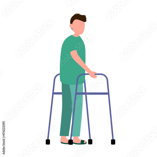 Man patient using walker support in flat design on white background.