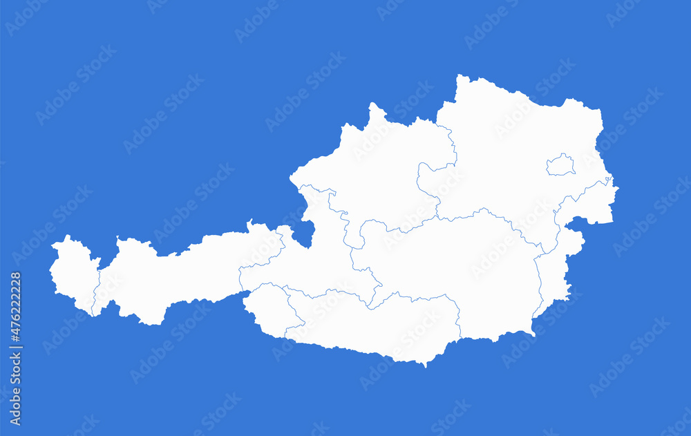 Austria map, administrative divisions, blue background, blank