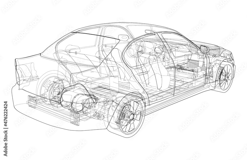 Electric Car With Chassis. 3d illustration
