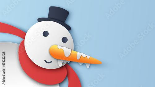 Christmas snowman with snow on carrot nose. Snowman wearing a hat and scarf. paper cut and craft style. vector, illustration.