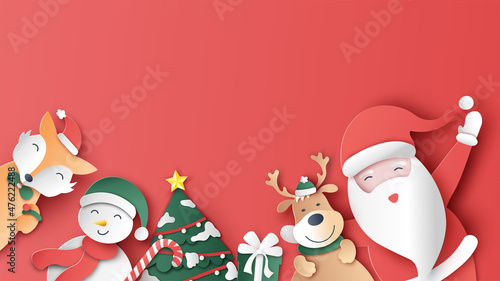 Santa Claus with his companions snowman, reindeer and fox are happy in Christmas. Merry Christmas. paper cut and craft design. vector, illustration.